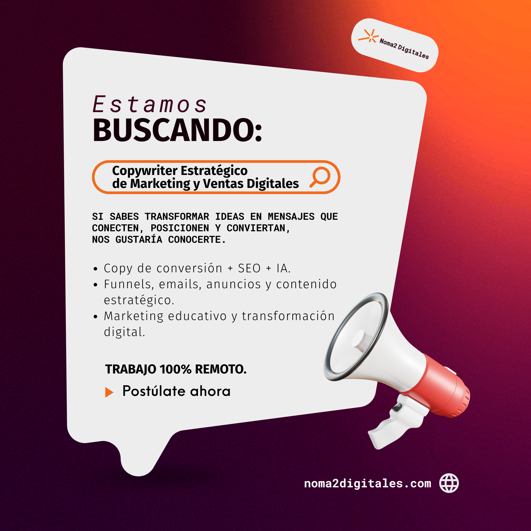 Reclutamiento Copywriter Estratégico de Marketing y Ventas Digitales