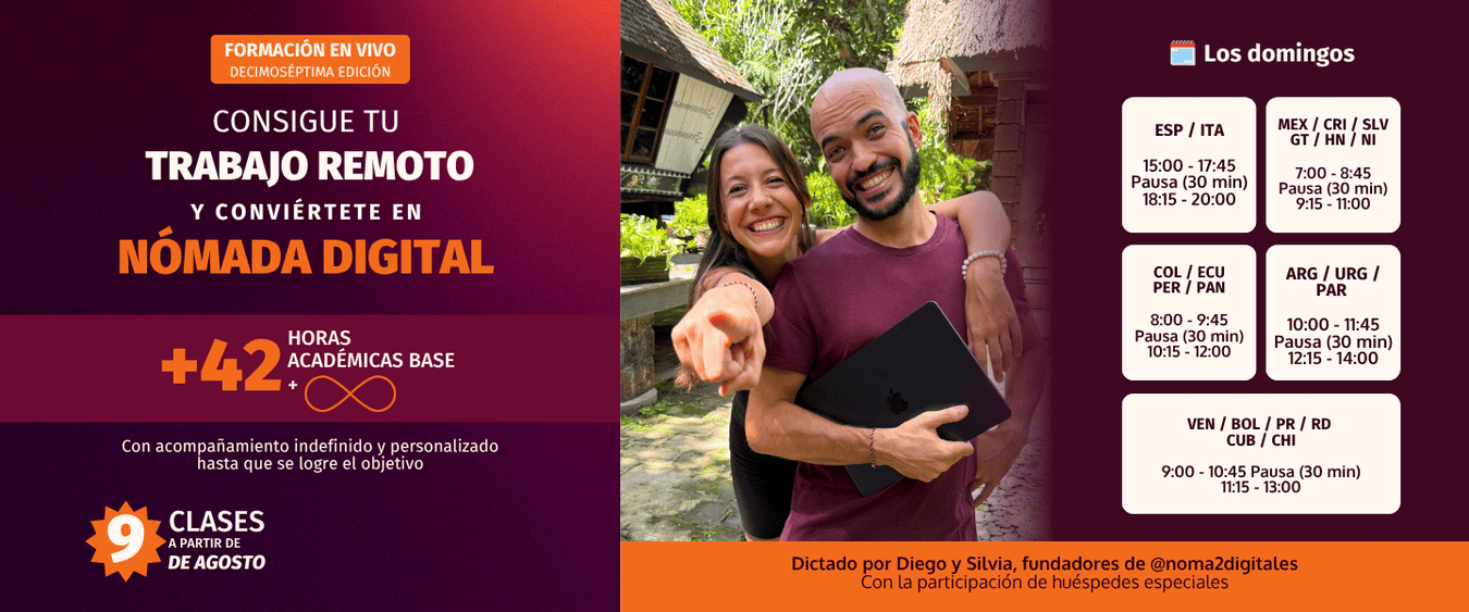 Banner Formación en vivo consigue tu trabajo remoto y conviertete en nomada digital